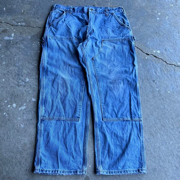 Vintage carhartt thrashed denim blue jeans double knee work wear carpenter pants